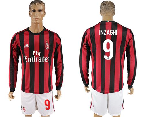 AC Milan #9 Inzaghi Home Long Sleeves Soccer Club Jersey